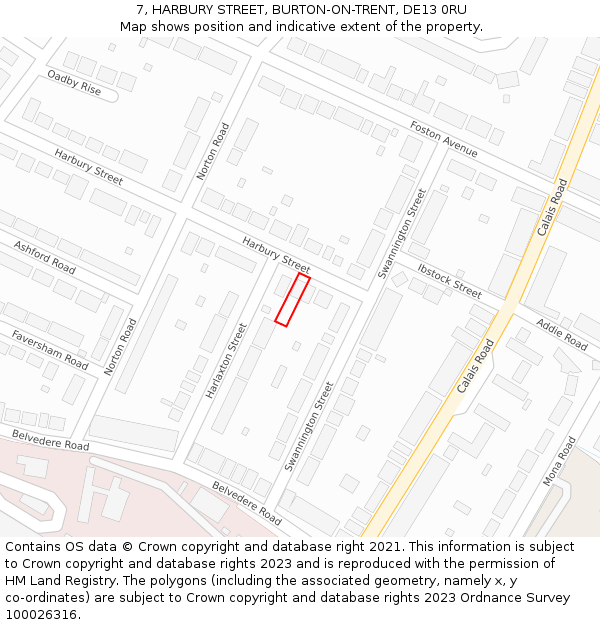 7, HARBURY STREET, BURTON-ON-TRENT, DE13 0RU: Location map and indicative extent of plot