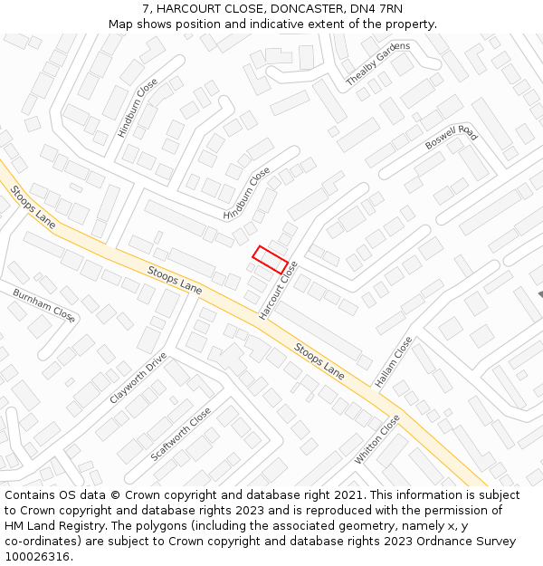 7, HARCOURT CLOSE, DONCASTER, DN4 7RN: Location map and indicative extent of plot