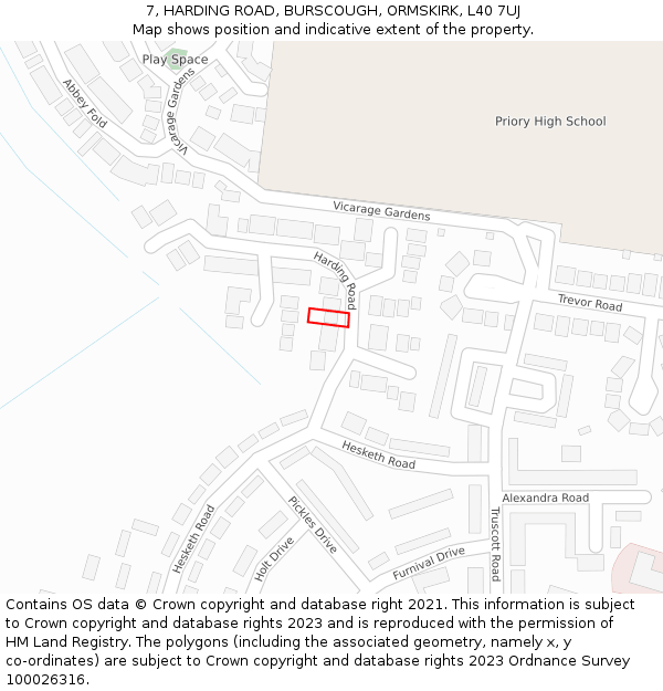 7, HARDING ROAD, BURSCOUGH, ORMSKIRK, L40 7UJ: Location map and indicative extent of plot