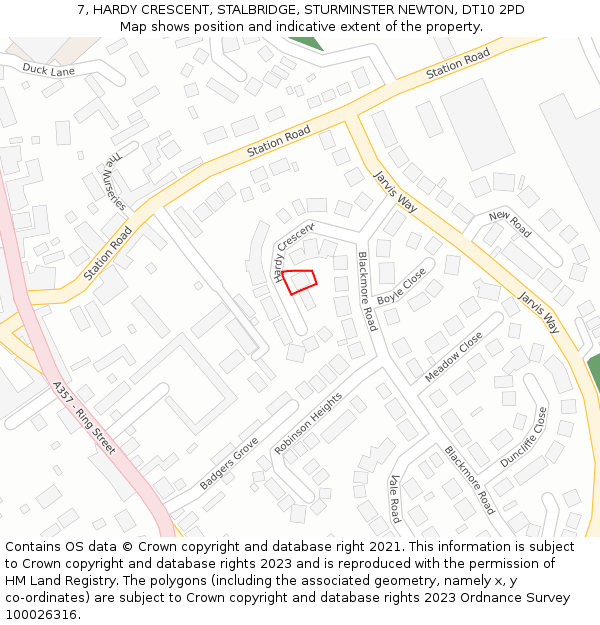 7, HARDY CRESCENT, STALBRIDGE, STURMINSTER NEWTON, DT10 2PD: Location map and indicative extent of plot