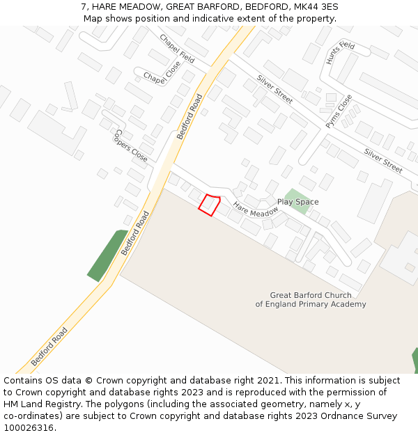 7, HARE MEADOW, GREAT BARFORD, BEDFORD, MK44 3ES: Location map and indicative extent of plot