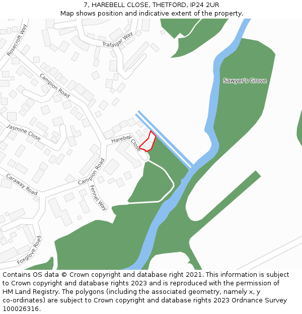 7, HAREBELL CLOSE, THETFORD, IP24 2UR: Location map and indicative extent of plot