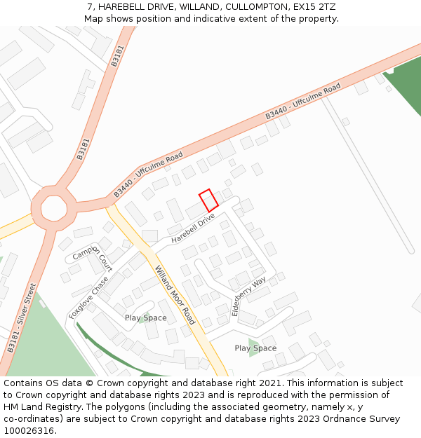 7, HAREBELL DRIVE, WILLAND, CULLOMPTON, EX15 2TZ: Location map and indicative extent of plot