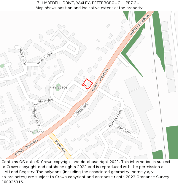 7, HAREBELL DRIVE, YAXLEY, PETERBOROUGH, PE7 3UL: Location map and indicative extent of plot