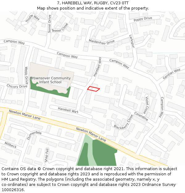 7, HAREBELL WAY, RUGBY, CV23 0TT: Location map and indicative extent of plot