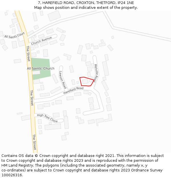 7, HAREFIELD ROAD, CROXTON, THETFORD, IP24 1NE: Location map and indicative extent of plot