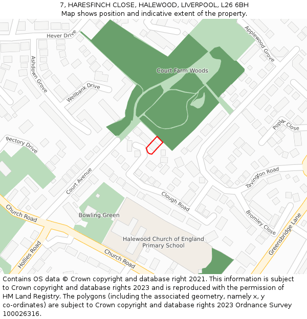 7, HARESFINCH CLOSE, HALEWOOD, LIVERPOOL, L26 6BH: Location map and indicative extent of plot