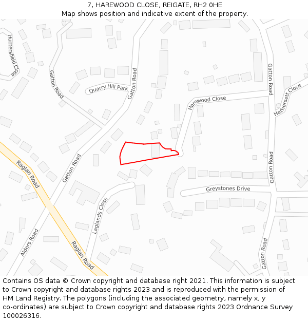 7, HAREWOOD CLOSE, REIGATE, RH2 0HE: Location map and indicative extent of plot