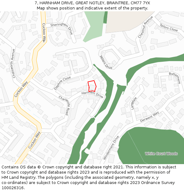 7, HARNHAM DRIVE, GREAT NOTLEY, BRAINTREE, CM77 7YX: Location map and indicative extent of plot