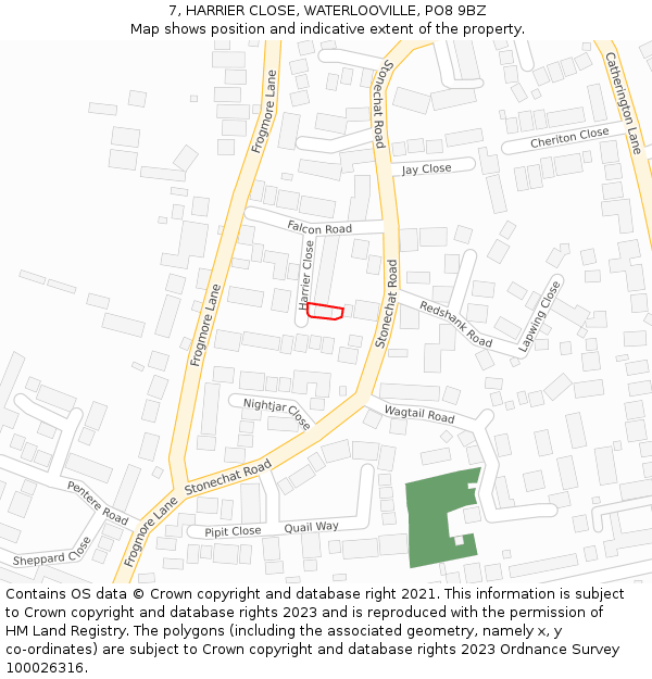 7, HARRIER CLOSE, WATERLOOVILLE, PO8 9BZ: Location map and indicative extent of plot