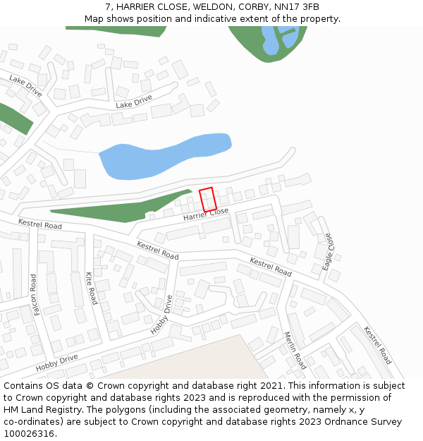 7, HARRIER CLOSE, WELDON, CORBY, NN17 3FB: Location map and indicative extent of plot