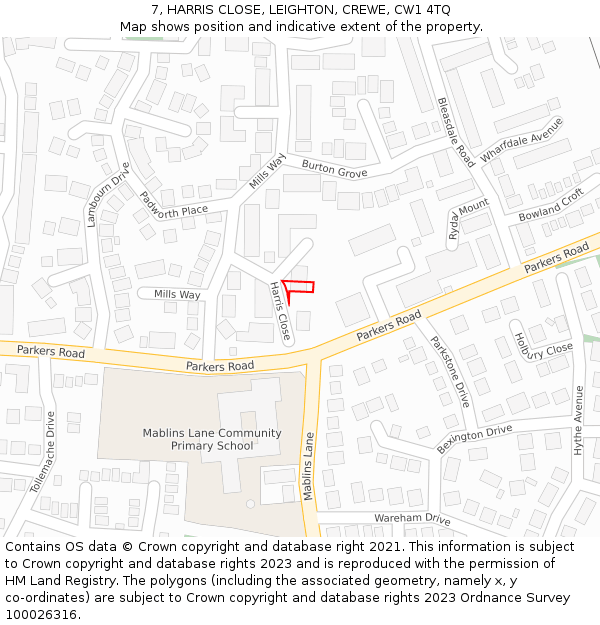 7, HARRIS CLOSE, LEIGHTON, CREWE, CW1 4TQ: Location map and indicative extent of plot