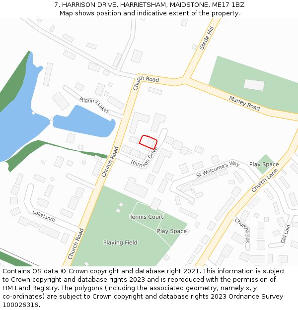 7, HARRISON DRIVE, HARRIETSHAM, MAIDSTONE, ME17 1BZ: Location map and indicative extent of plot