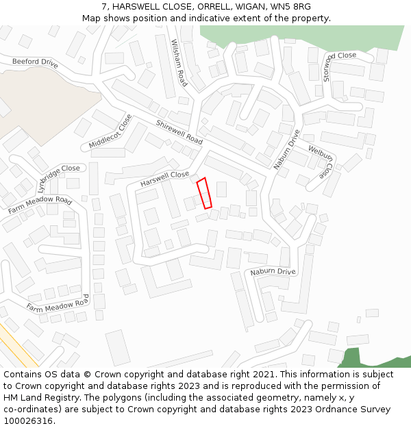7, HARSWELL CLOSE, ORRELL, WIGAN, WN5 8RG: Location map and indicative extent of plot