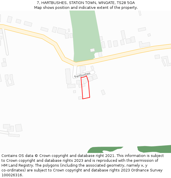 7, HARTBUSHES, STATION TOWN, WINGATE, TS28 5GA: Location map and indicative extent of plot