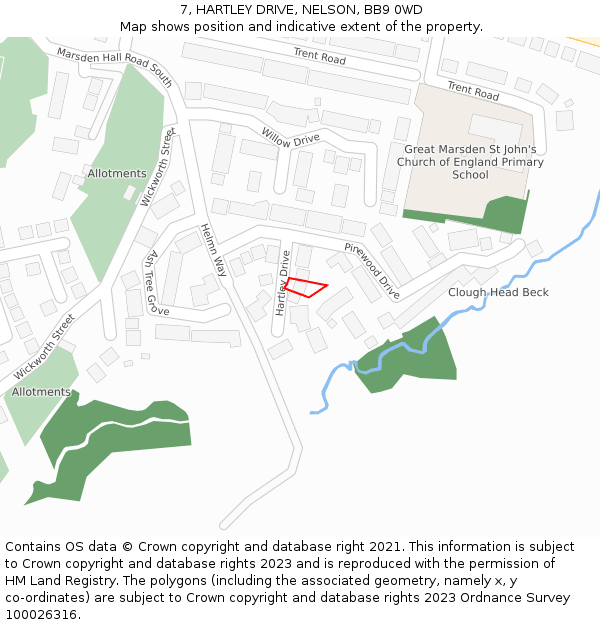 7, HARTLEY DRIVE, NELSON, BB9 0WD: Location map and indicative extent of plot