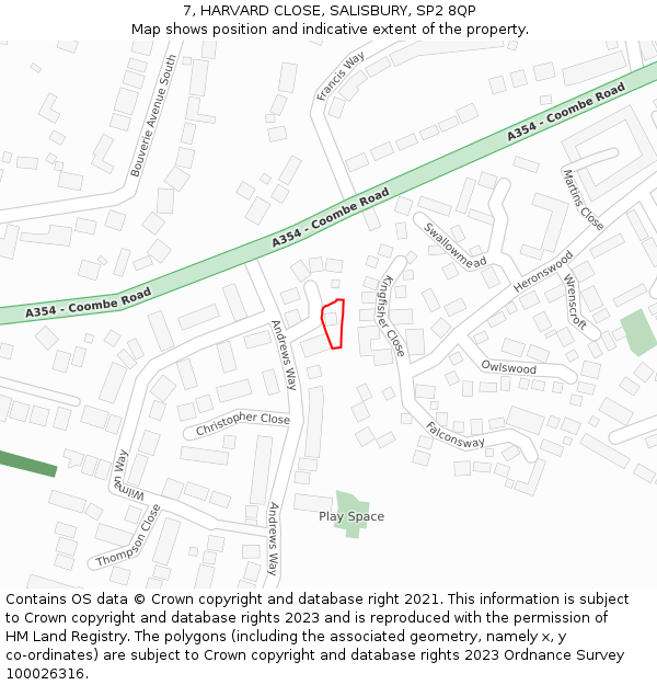7, HARVARD CLOSE, SALISBURY, SP2 8QP: Location map and indicative extent of plot