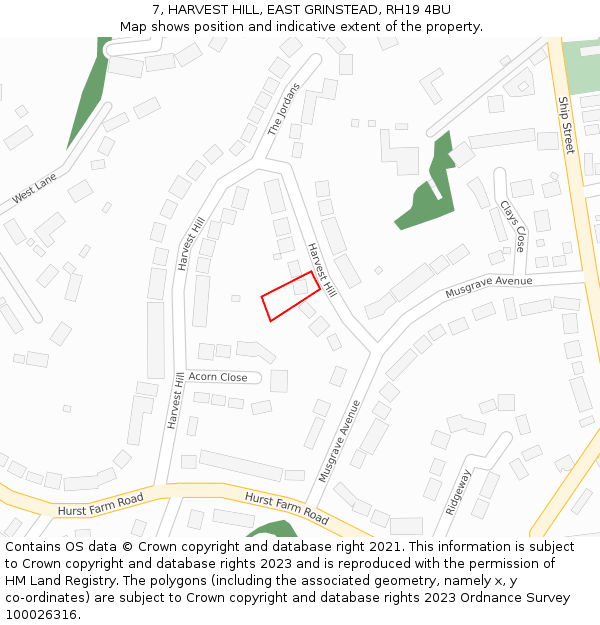 7, HARVEST HILL, EAST GRINSTEAD, RH19 4BU: Location map and indicative extent of plot