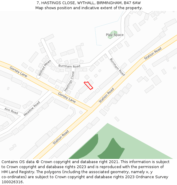 7, HASTINGS CLOSE, WYTHALL, BIRMINGHAM, B47 6AW: Location map and indicative extent of plot
