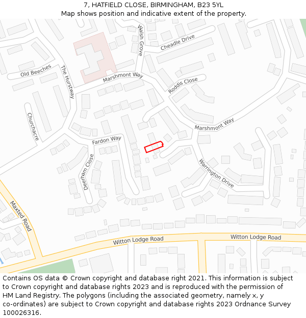 7, HATFIELD CLOSE, BIRMINGHAM, B23 5YL: Location map and indicative extent of plot