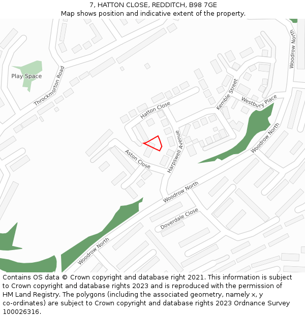7, HATTON CLOSE, REDDITCH, B98 7GE: Location map and indicative extent of plot