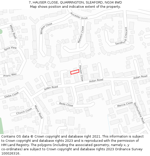 7, HAUSER CLOSE, QUARRINGTON, SLEAFORD, NG34 8WD: Location map and indicative extent of plot