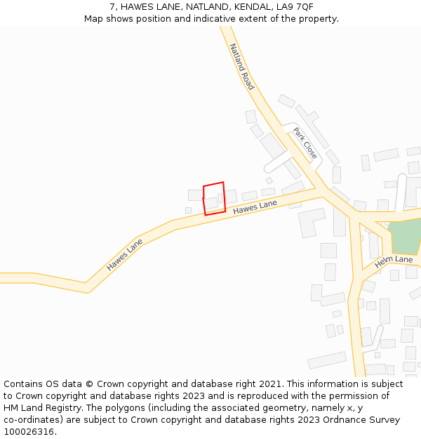 7, HAWES LANE, NATLAND, KENDAL, LA9 7QF: Location map and indicative extent of plot