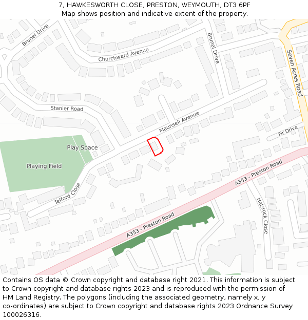 7, HAWKESWORTH CLOSE, PRESTON, WEYMOUTH, DT3 6PF: Location map and indicative extent of plot