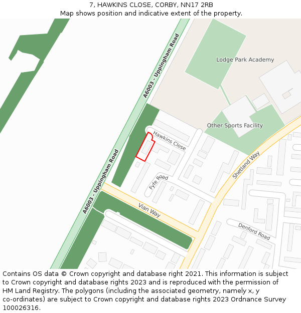 7, HAWKINS CLOSE, CORBY, NN17 2RB: Location map and indicative extent of plot