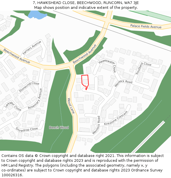 7, HAWKSHEAD CLOSE, BEECHWOOD, RUNCORN, WA7 3JE: Location map and indicative extent of plot