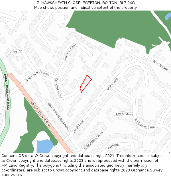 7, HAWKSHEATH CLOSE, EGERTON, BOLTON, BL7 9XG: Location map and indicative extent of plot