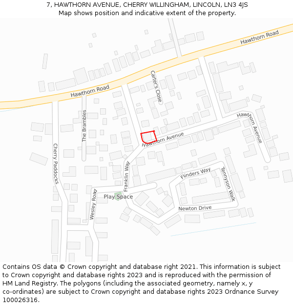 7, HAWTHORN AVENUE, CHERRY WILLINGHAM, LINCOLN, LN3 4JS: Location map and indicative extent of plot