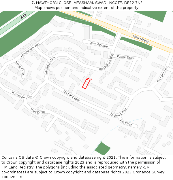 7, HAWTHORN CLOSE, MEASHAM, SWADLINCOTE, DE12 7NF: Location map and indicative extent of plot