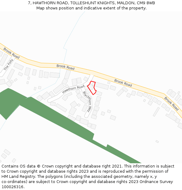 7, HAWTHORN ROAD, TOLLESHUNT KNIGHTS, MALDON, CM9 8WB: Location map and indicative extent of plot