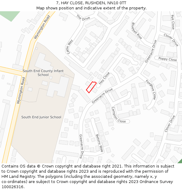 7, HAY CLOSE, RUSHDEN, NN10 0TT: Location map and indicative extent of plot