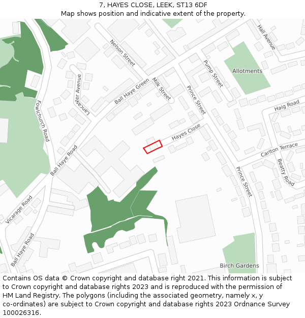 7, HAYES CLOSE, LEEK, ST13 6DF: Location map and indicative extent of plot