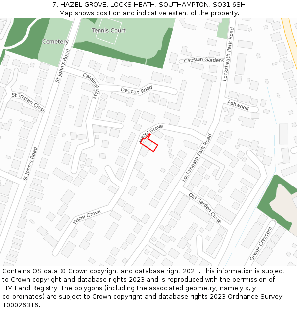 7, HAZEL GROVE, LOCKS HEATH, SOUTHAMPTON, SO31 6SH: Location map and indicative extent of plot