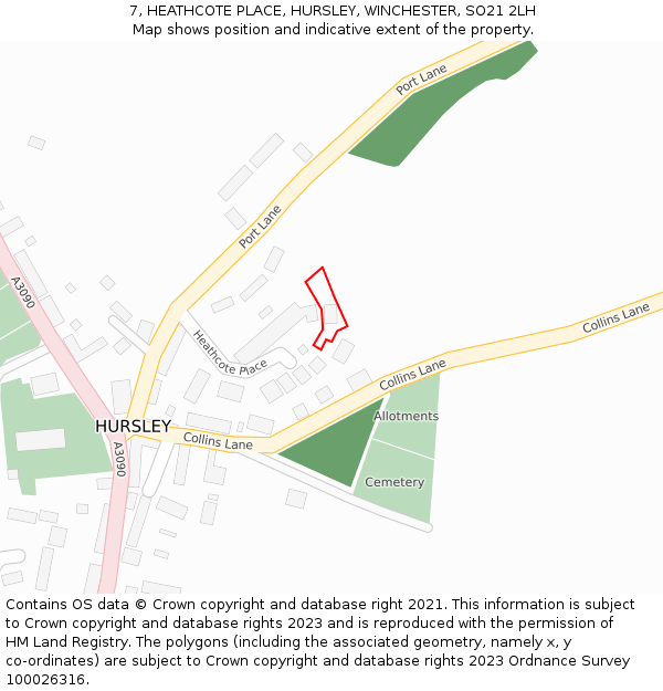 7, HEATHCOTE PLACE, HURSLEY, WINCHESTER, SO21 2LH: Location map and indicative extent of plot