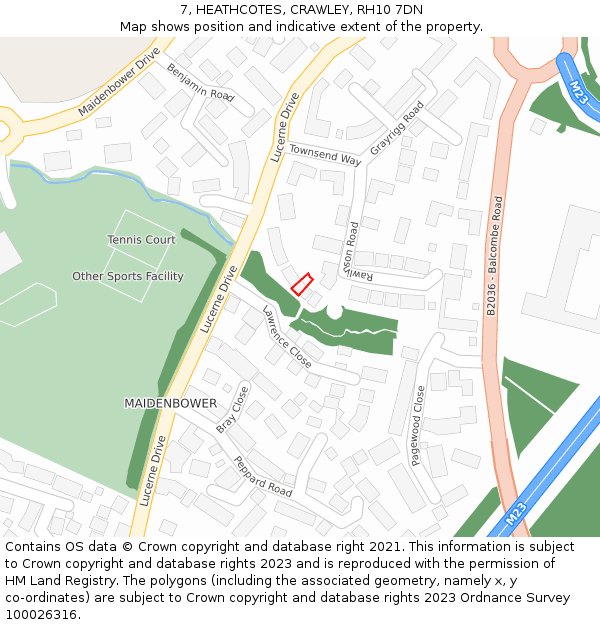 7, HEATHCOTES, CRAWLEY, RH10 7DN: Location map and indicative extent of plot