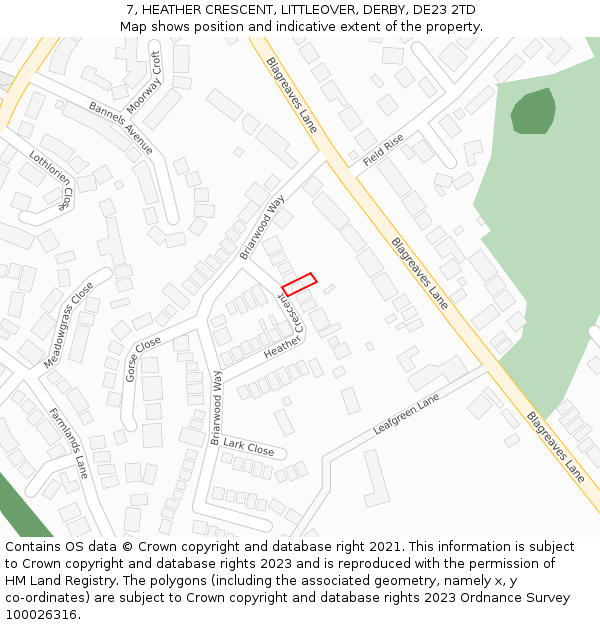 7, HEATHER CRESCENT, LITTLEOVER, DERBY, DE23 2TD: Location map and indicative extent of plot