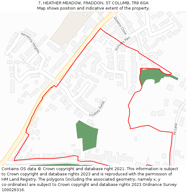 7, HEATHER MEADOW, FRADDON, ST COLUMB, TR9 6GA: Location map and indicative extent of plot