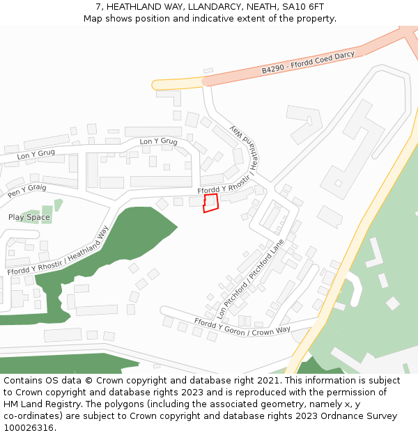 7, HEATHLAND WAY, LLANDARCY, NEATH, SA10 6FT: Location map and indicative extent of plot