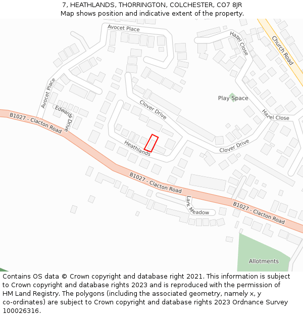 7, HEATHLANDS, THORRINGTON, COLCHESTER, CO7 8JR: Location map and indicative extent of plot