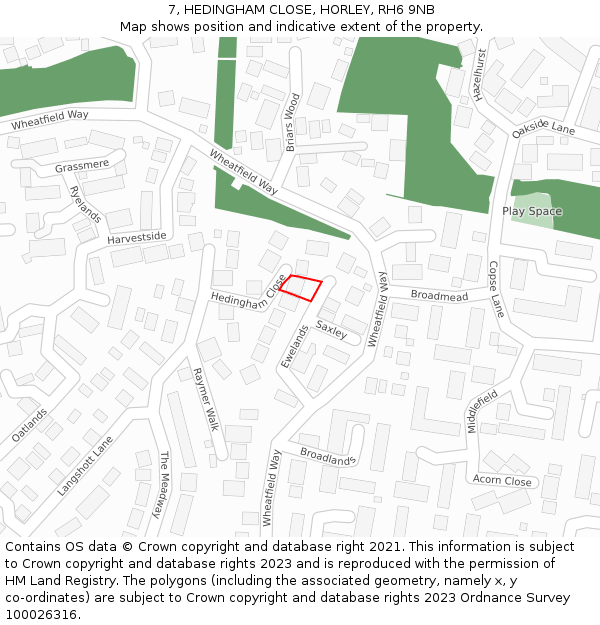 7, HEDINGHAM CLOSE, HORLEY, RH6 9NB: Location map and indicative extent of plot