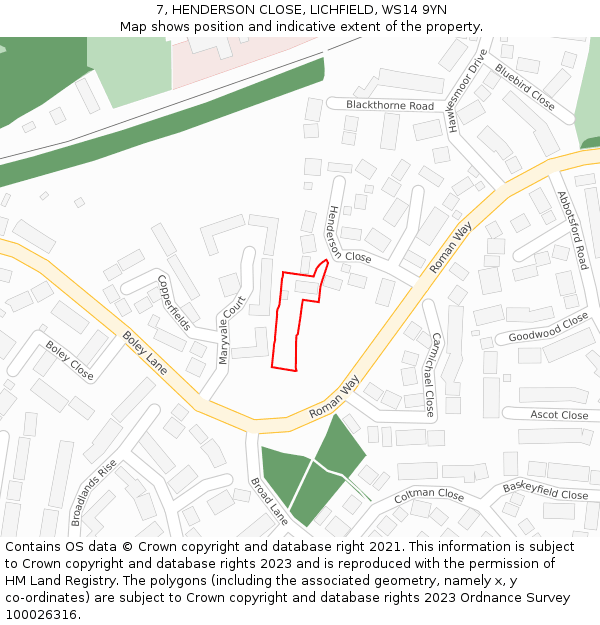 7, HENDERSON CLOSE, LICHFIELD, WS14 9YN: Location map and indicative extent of plot