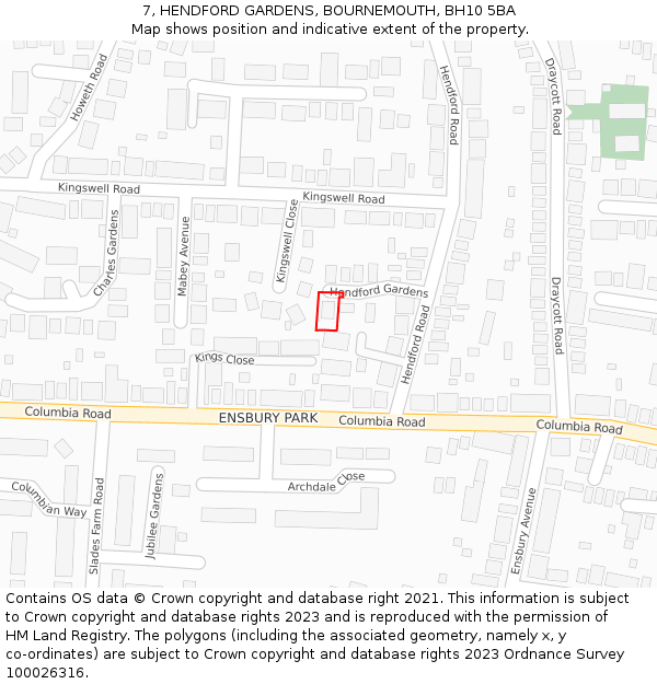 7, HENDFORD GARDENS, BOURNEMOUTH, BH10 5BA: Location map and indicative extent of plot