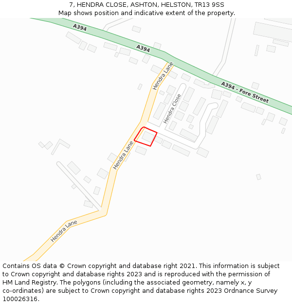 7, HENDRA CLOSE, ASHTON, HELSTON, TR13 9SS: Location map and indicative extent of plot