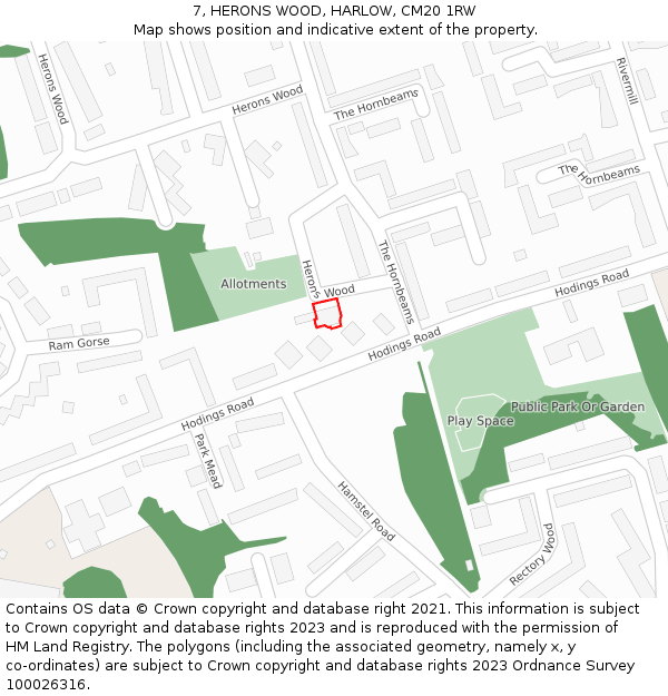 7, HERONS WOOD, HARLOW, CM20 1RW: Location map and indicative extent of plot