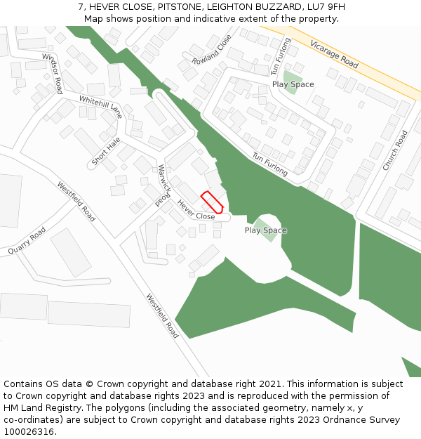 7, HEVER CLOSE, PITSTONE, LEIGHTON BUZZARD, LU7 9FH: Location map and indicative extent of plot