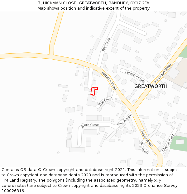 7, HICKMAN CLOSE, GREATWORTH, BANBURY, OX17 2FA: Location map and indicative extent of plot